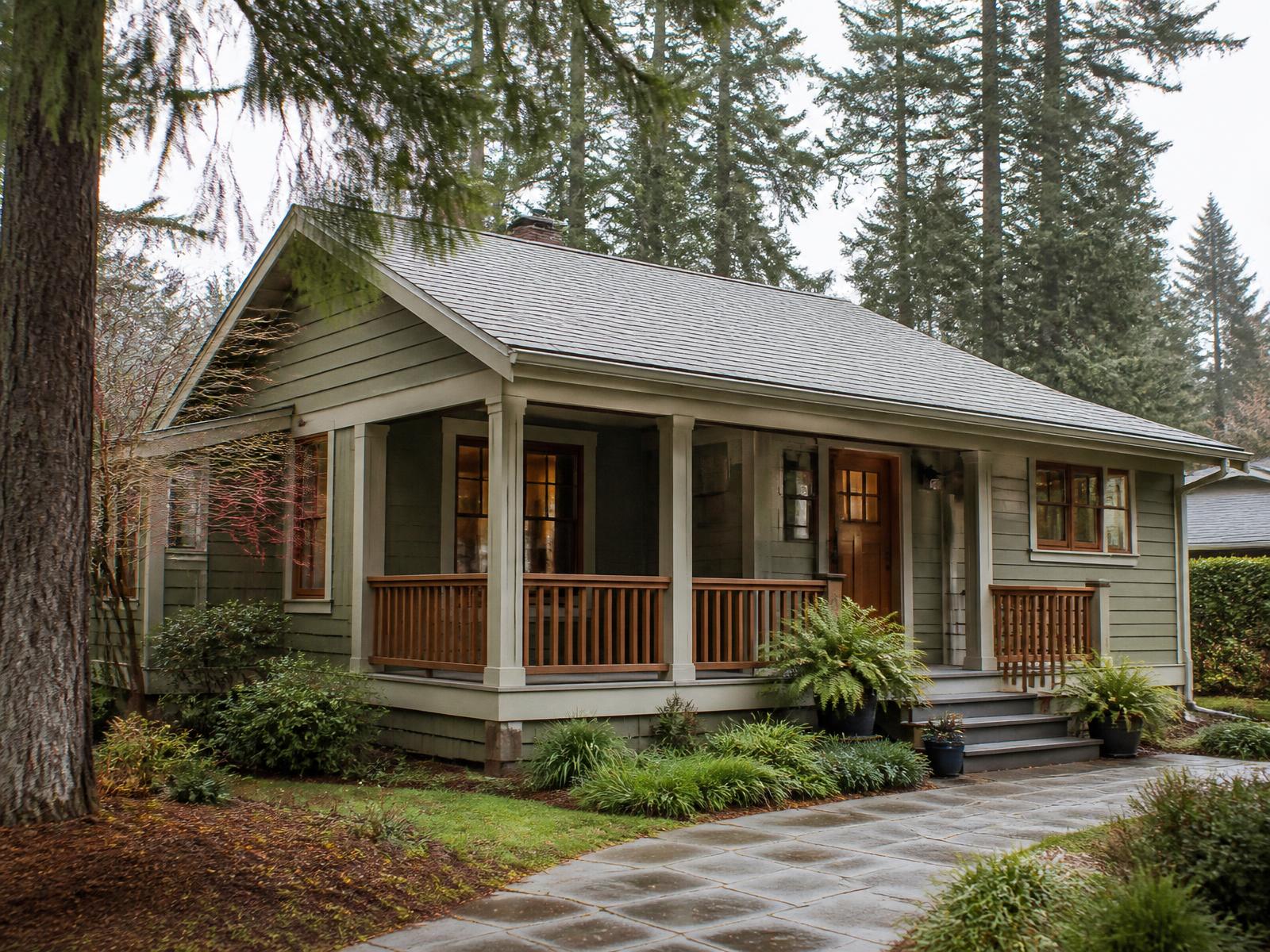 A single-story home with a covered wooden porch surrounded by evergreen trees in the Pacific Northwest.